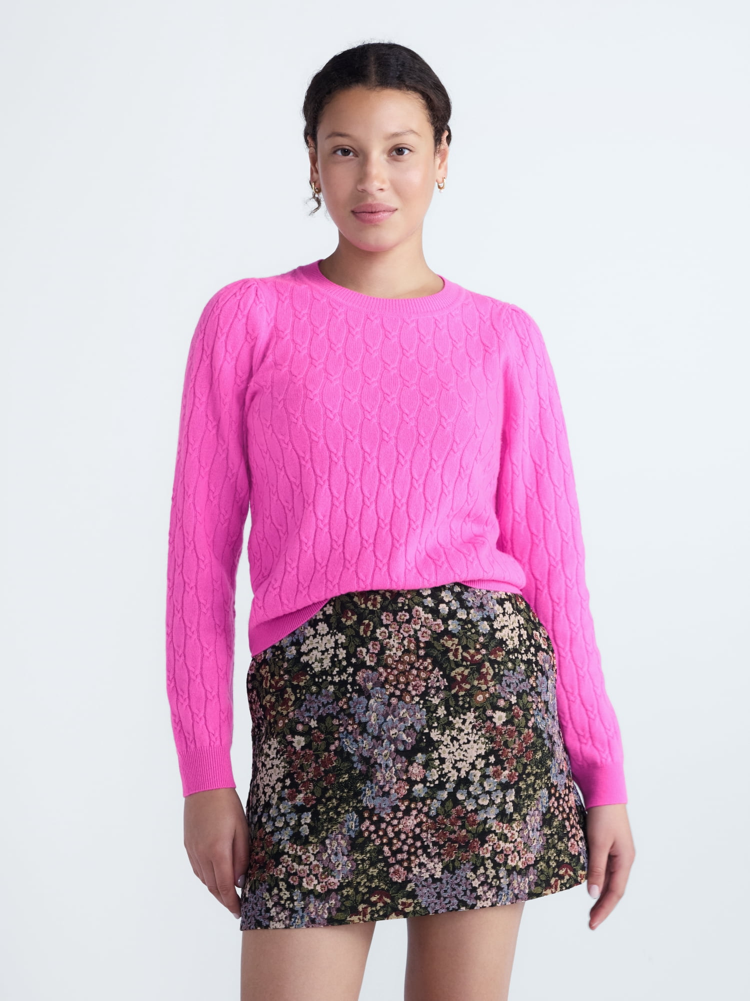 Free Assembly Women's and Women's Plus Cashmere Cable Knit Sweater with Puff Sleeves, Midweight, Sizes XS-4X