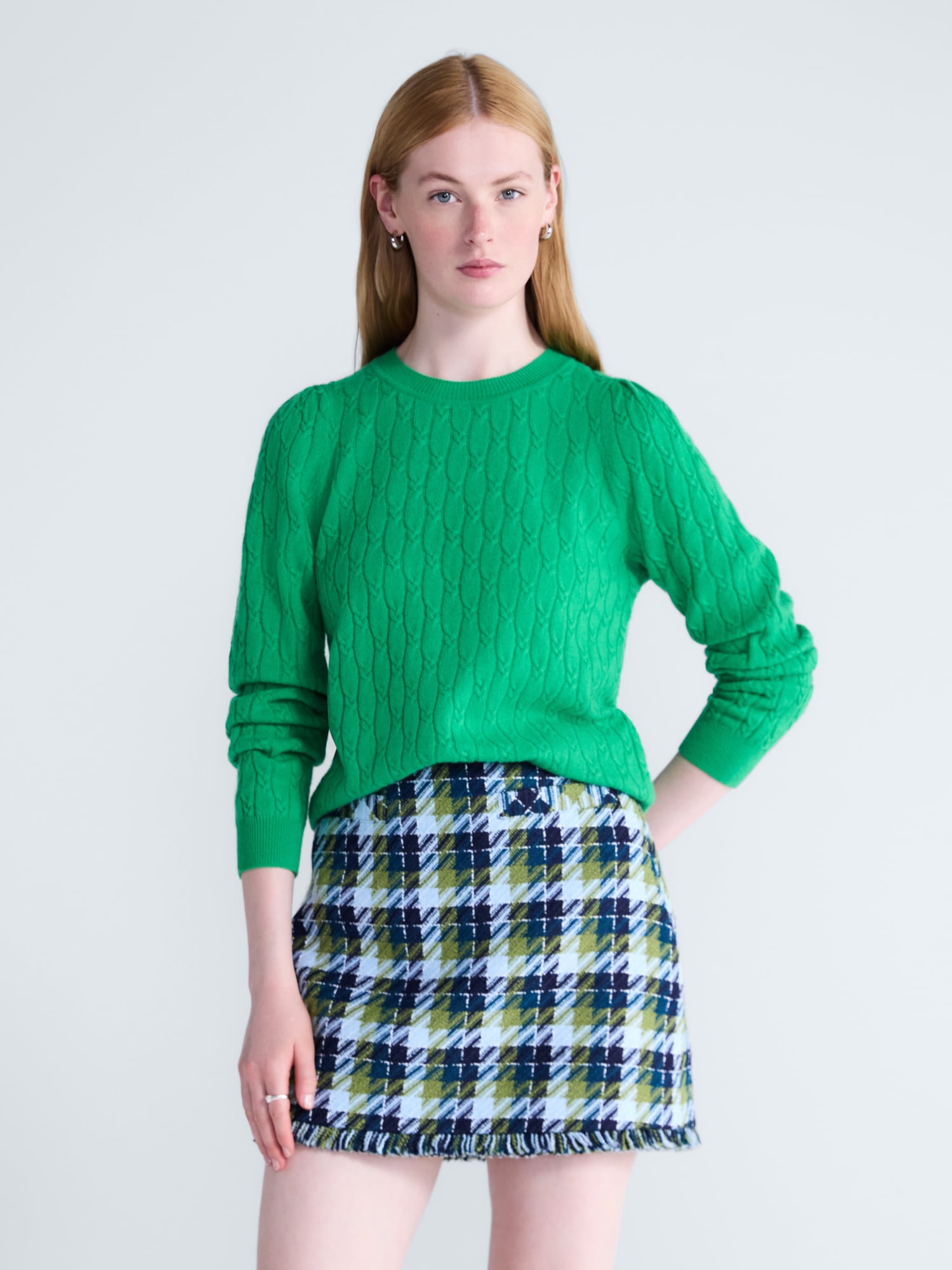 Free Assembly Women's and Women's Plus Cashmere Cable Knit Sweater with Puff Sleeves, Midweight, Sizes XS-4X