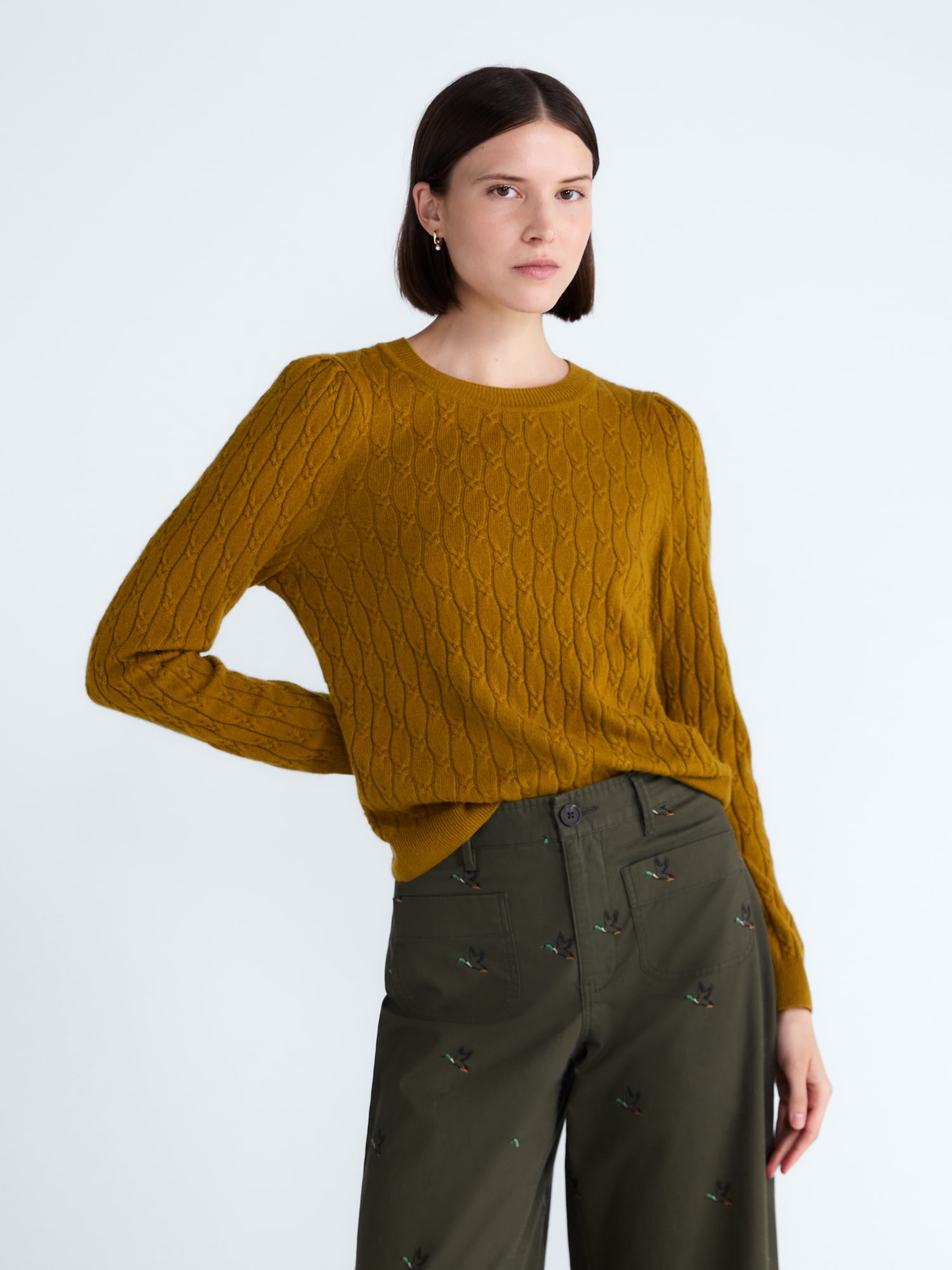 Free Assembly Women's and Women's Plus Cashmere Cable Knit Sweater with Puff Sleeves, Midweight, Sizes XS-4X