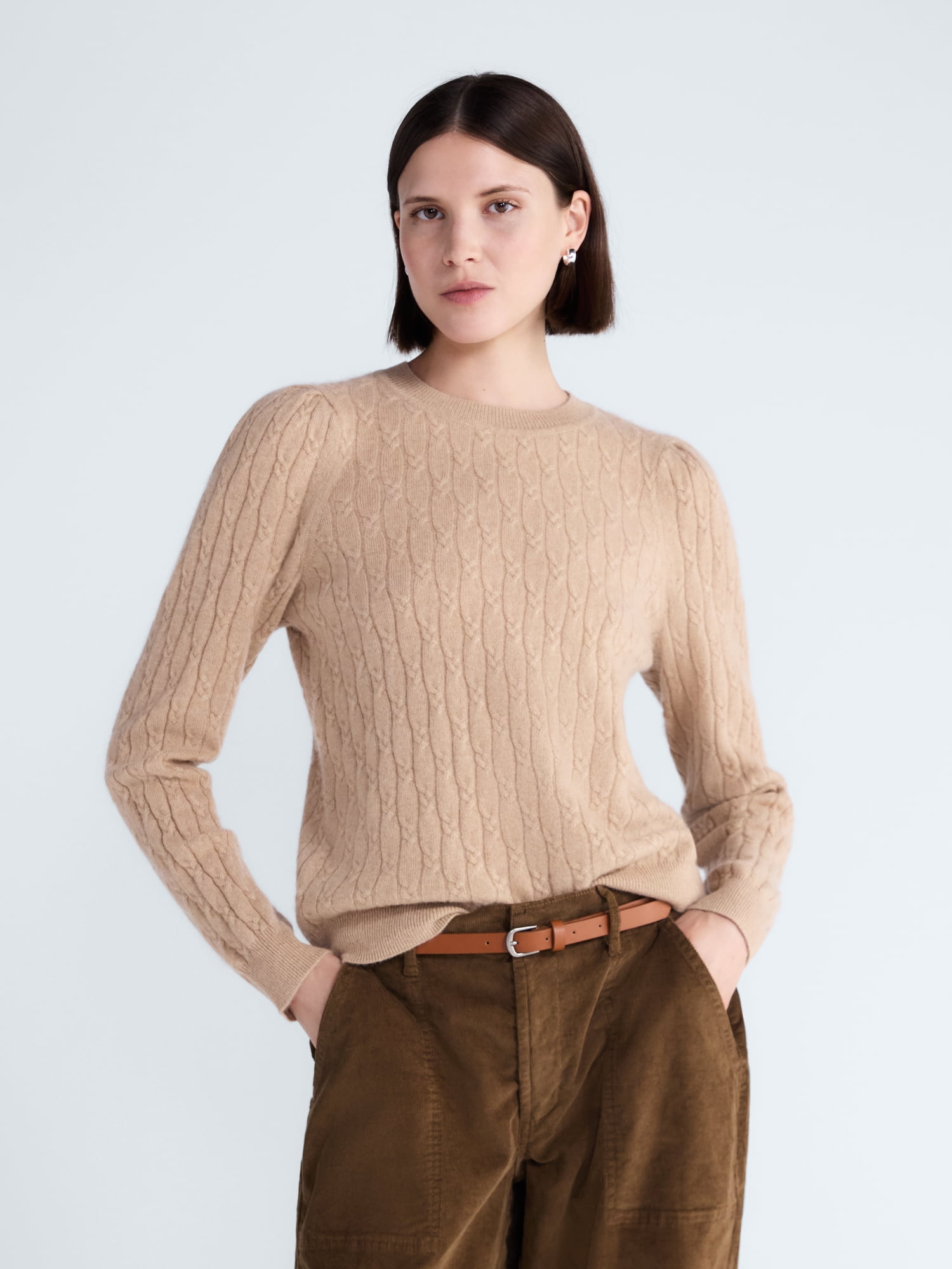 Free Assembly Women's and Women's Plus Cashmere Cable Knit Sweater with Puff Sleeves, Midweight, Sizes XS-4X