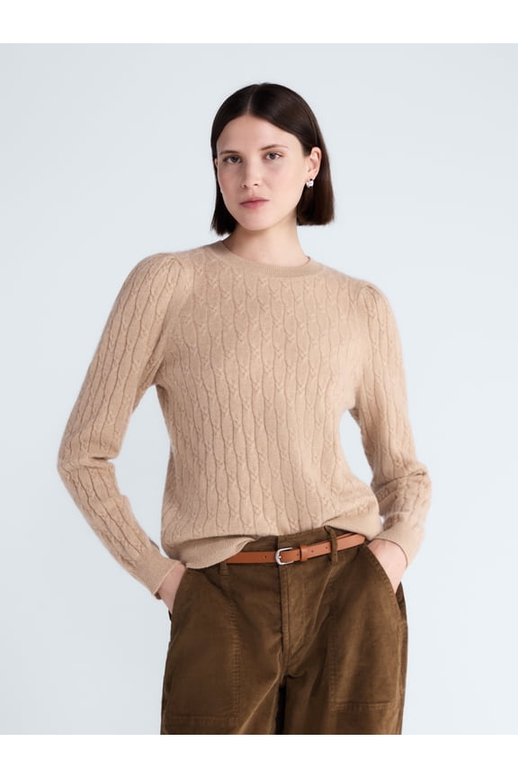 Women's Cashmere Cable Knit Sweater with Puff Sleeves, Midweight, Sizes XS-XXL