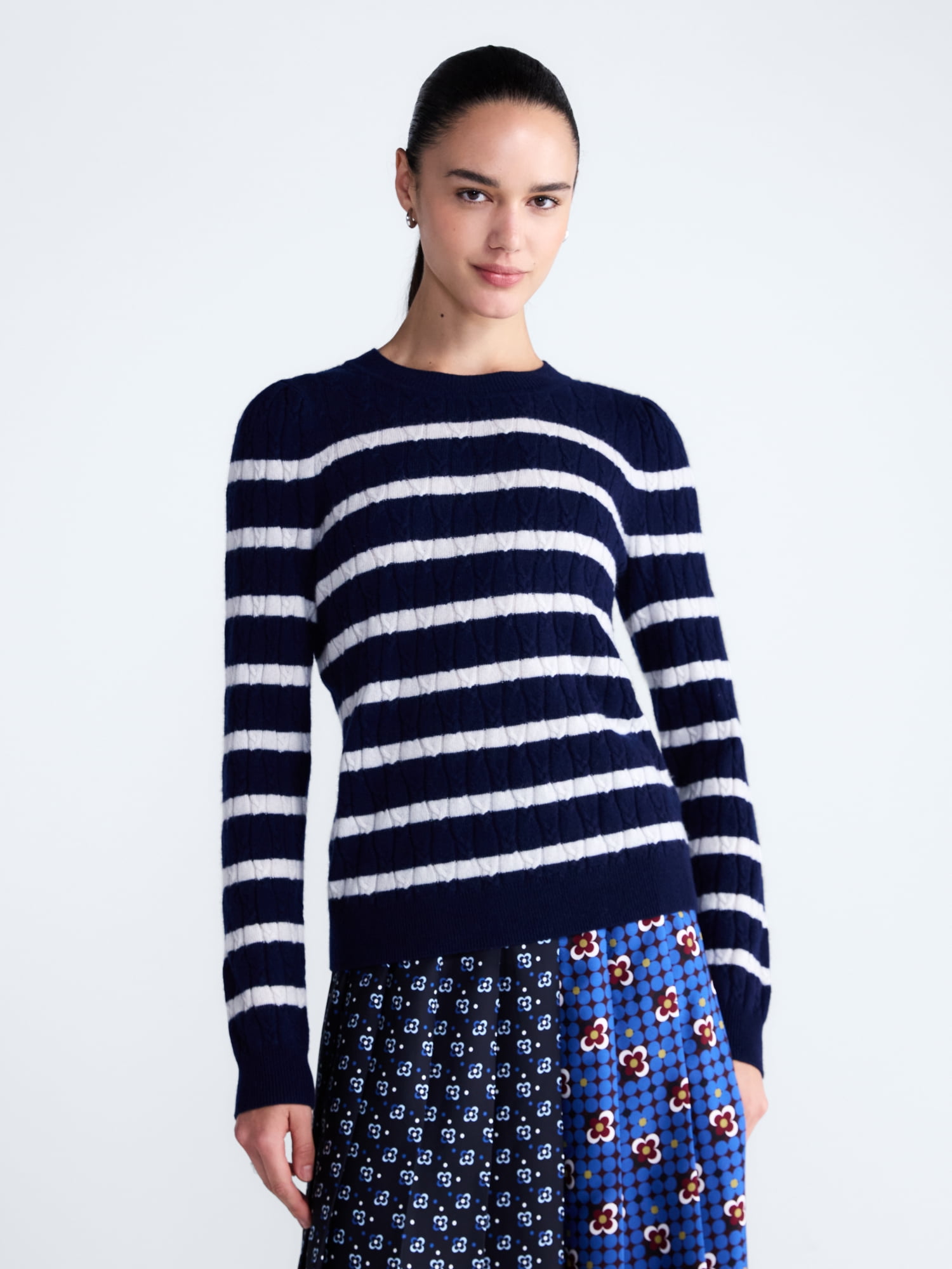 Free Assembly Women's and Women's Plus Cashmere Cable Knit Sweater with Puff Sleeves, Midweight, Sizes XS-4X