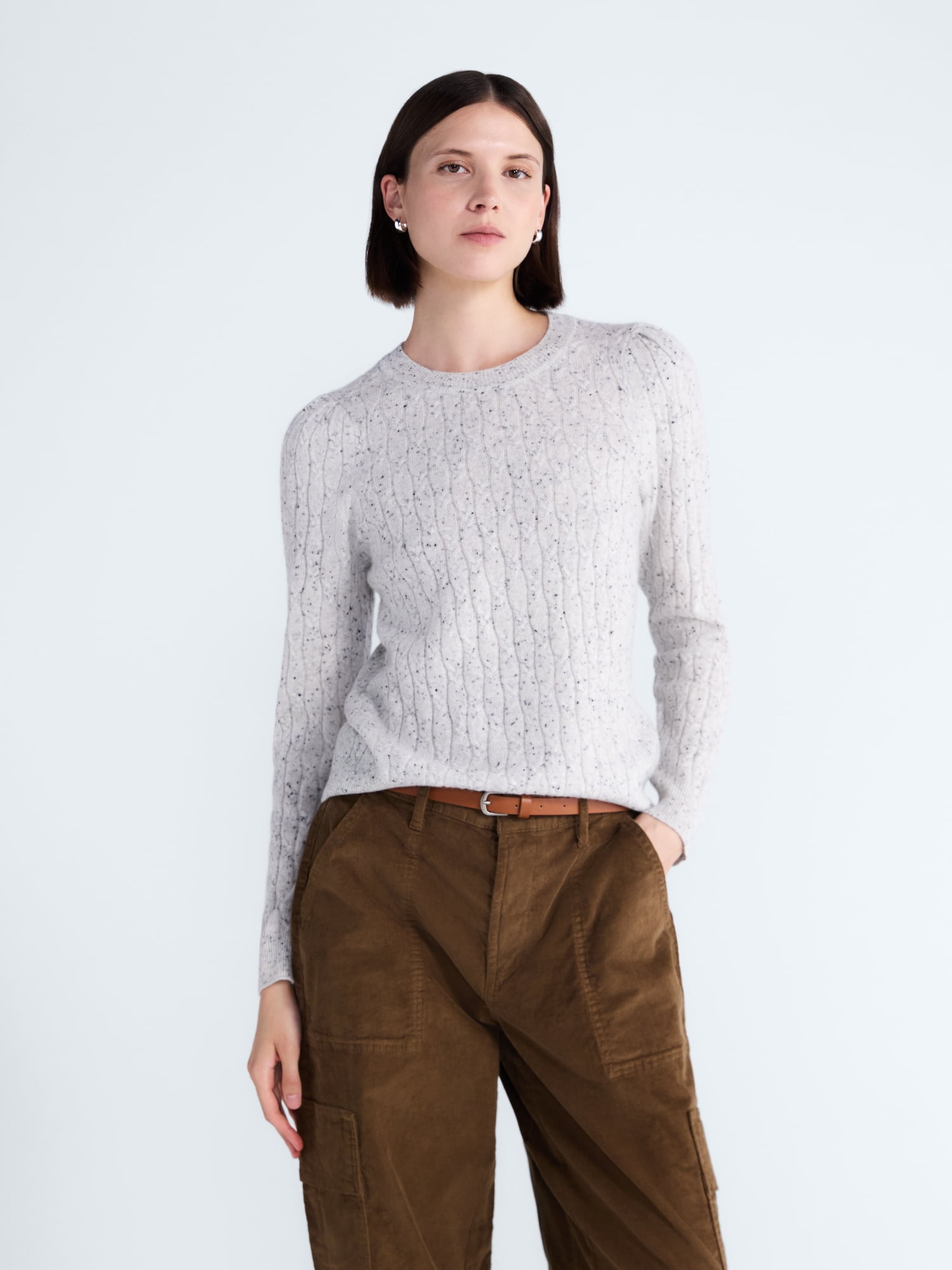 Free Assembly Women's and Women's Plus Cashmere Cable Knit Sweater with Puff Sleeves, Midweight, Sizes XS-4X