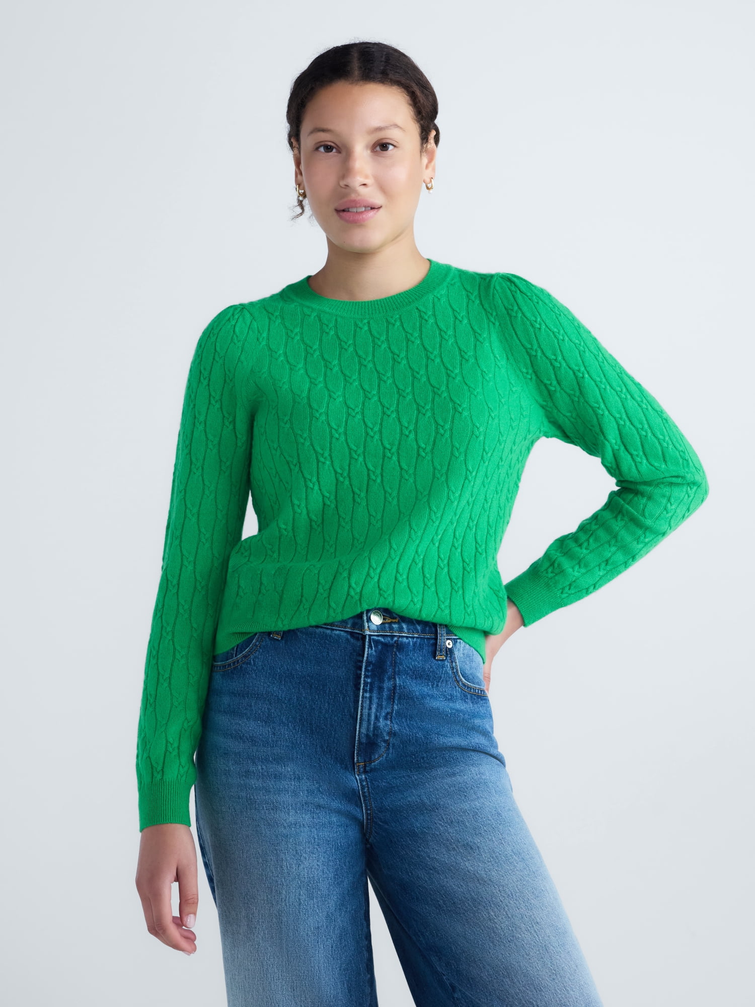 Free Assembly Women's and Women's Plus Cashmere Cable Knit Sweater with Puff Sleeves, Midweight, Sizes XS-4X