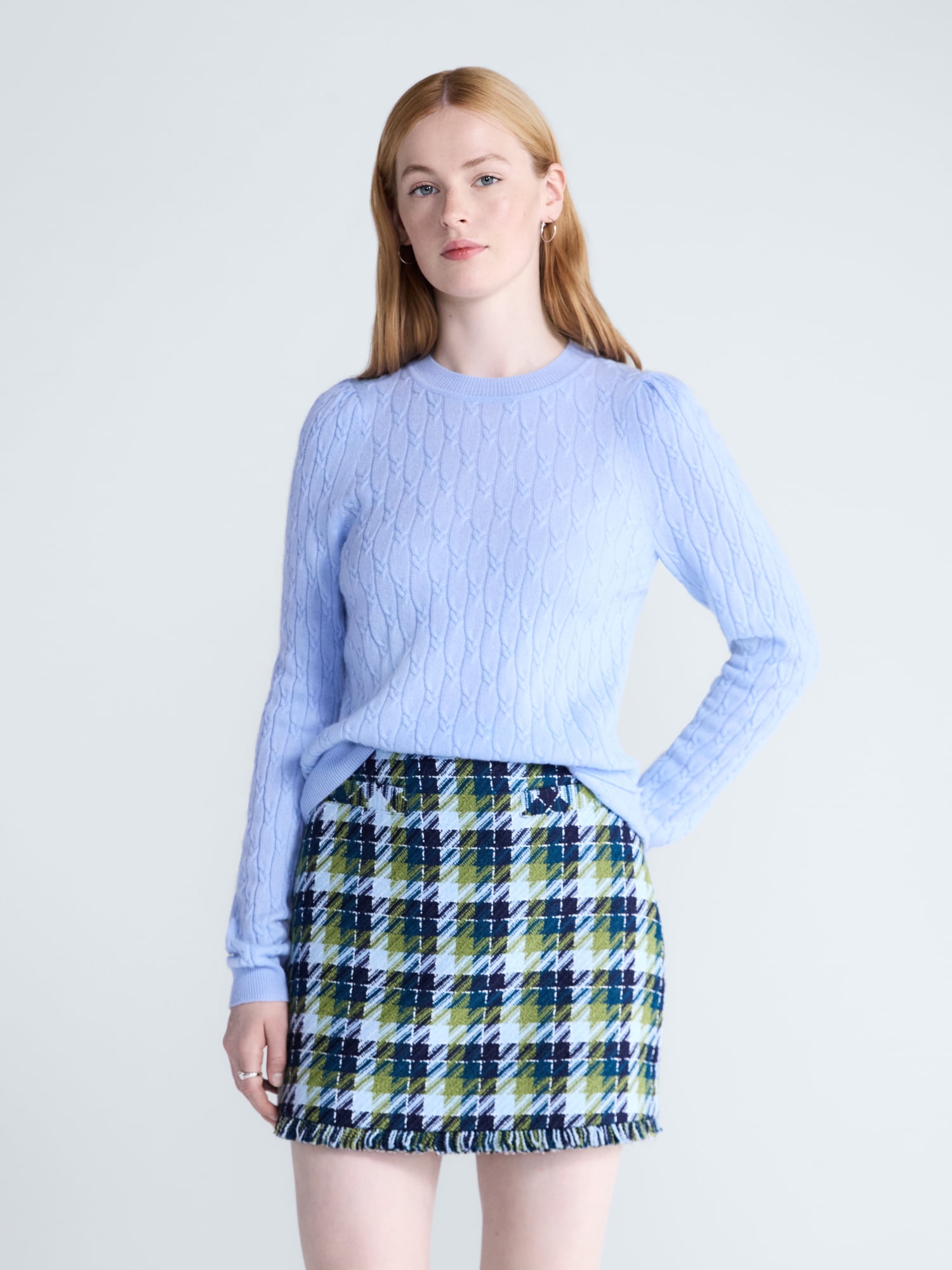 Free Assembly Women's and Women's Plus Cashmere Cable Knit Sweater with Puff Sleeves, Midweight, Sizes XS-4X