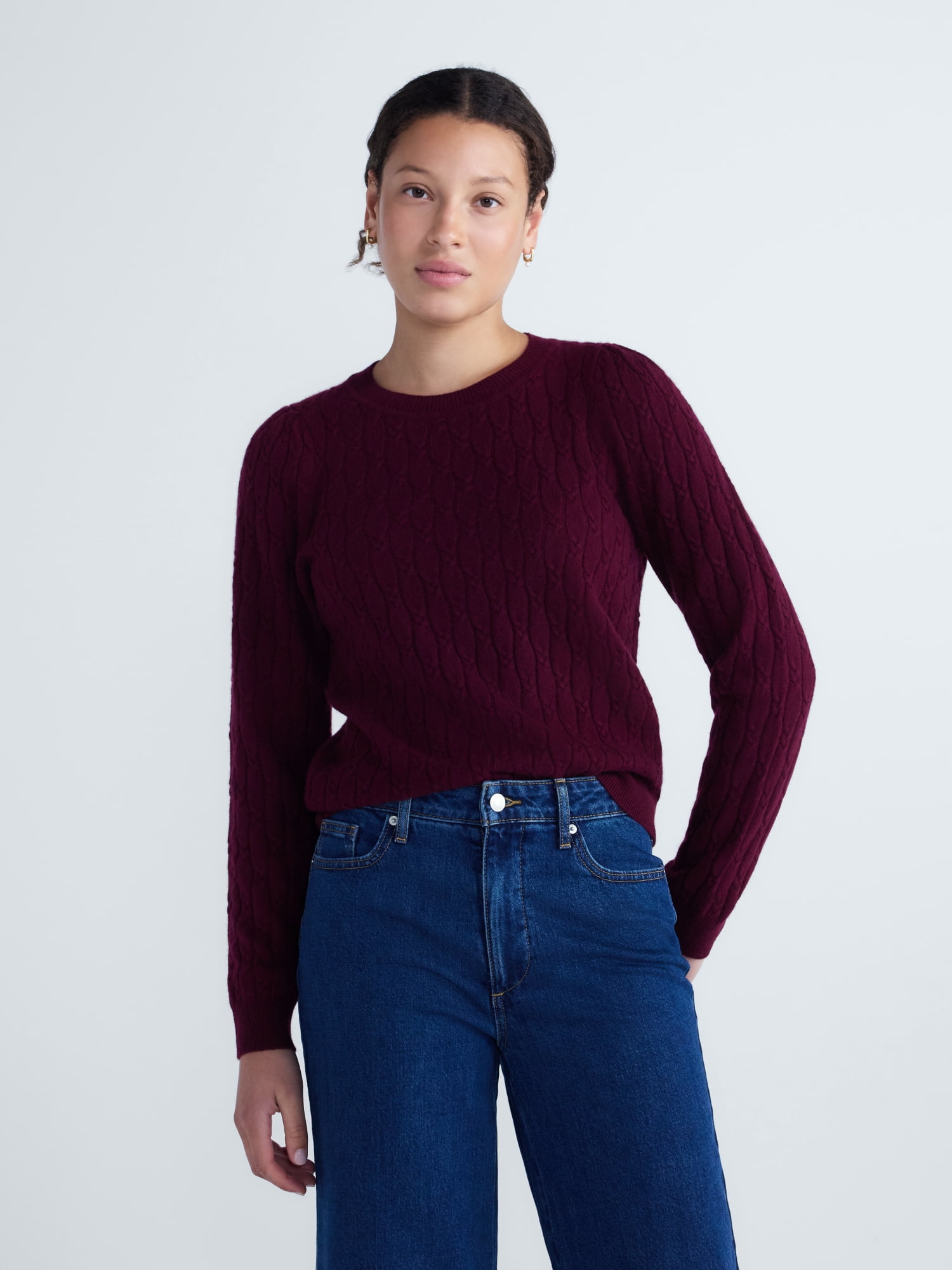 Free Assembly Women's and Women's Plus Cashmere Cable Knit Sweater with Puff Sleeves, Midweight, Sizes XS-4X