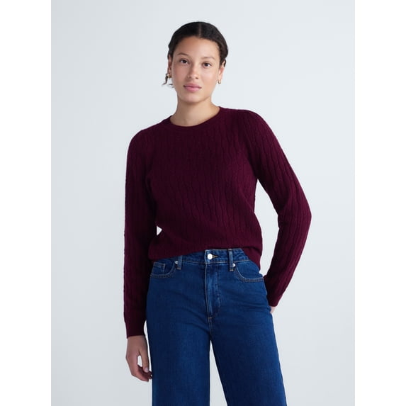 Free Assembly Women's and Women's Plus Cashmere Cable Knit Sweater with Puff Sleeves, Midweight, Sizes XS-4X