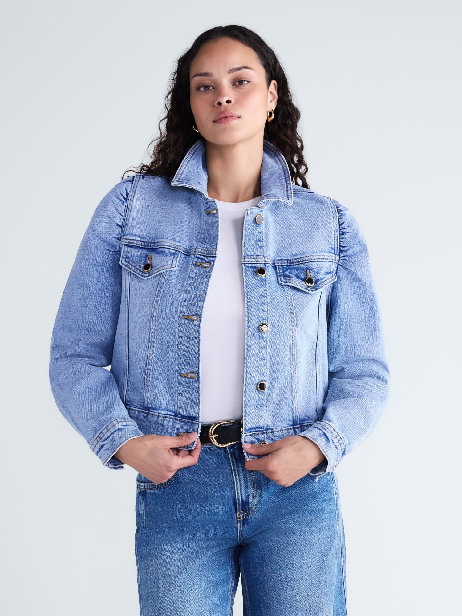 Scoop Women’s Denim Trucker Jacket with Puff Sleeves, Sizes XS-XXL