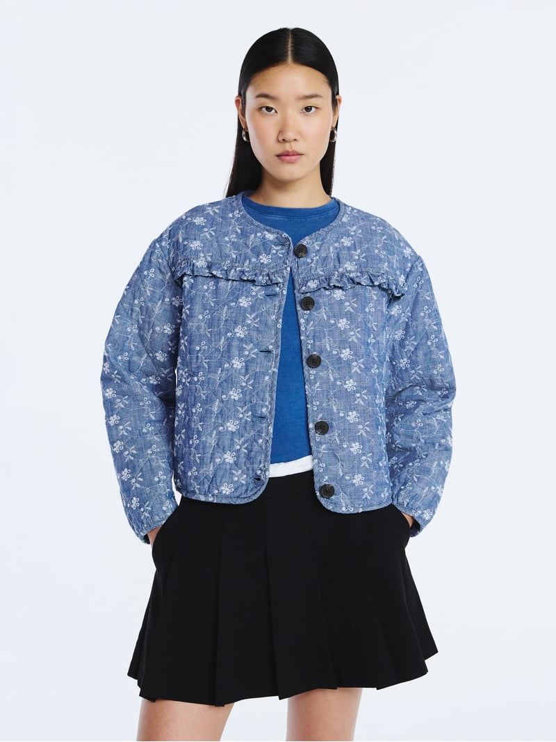 Scoop Women's Cotton Eyelet Jacket with Puff Sleeves, Sizes XS-4X