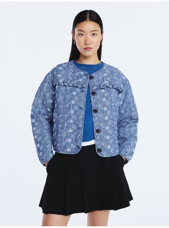 Women's Cotton Eyelet Jacket with Puff Sleeves, Sizes XS-4X