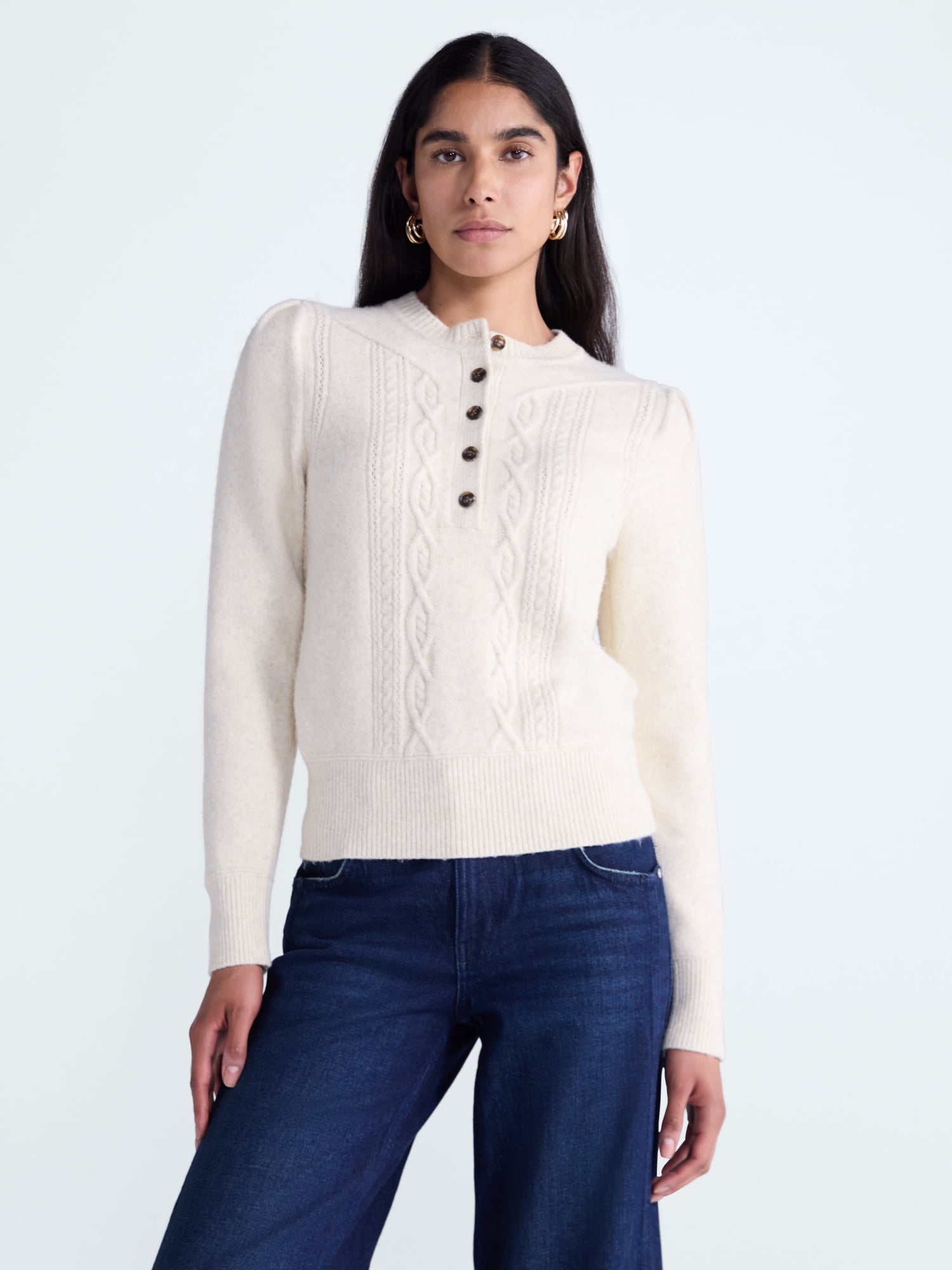 Scoop Women's and Women's Plus Cable Knit Henley Pullover, Sizes XS-4X