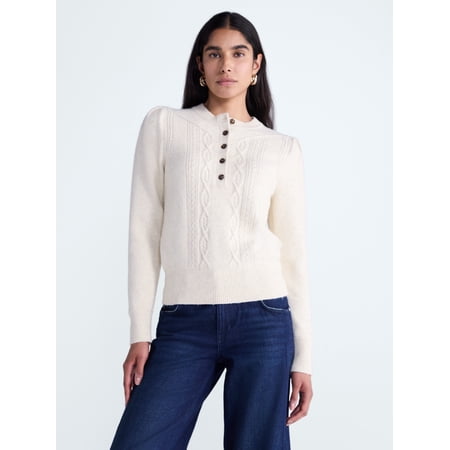 Scoop Women's and Women's Plus Cable Knit Henley Pullover, Sizes XS-4X