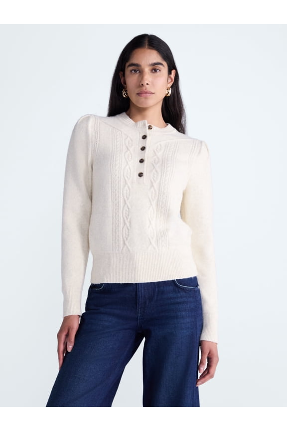 Women's and Women's Plus Cable Knit Henley Pullover, Sizes XS-4X