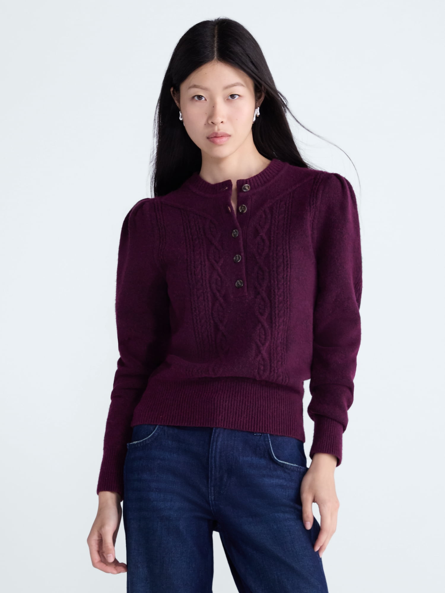 Scoop Women's and Women's Plus Cable Knit Henley Pullover, Sizes XS-4X
