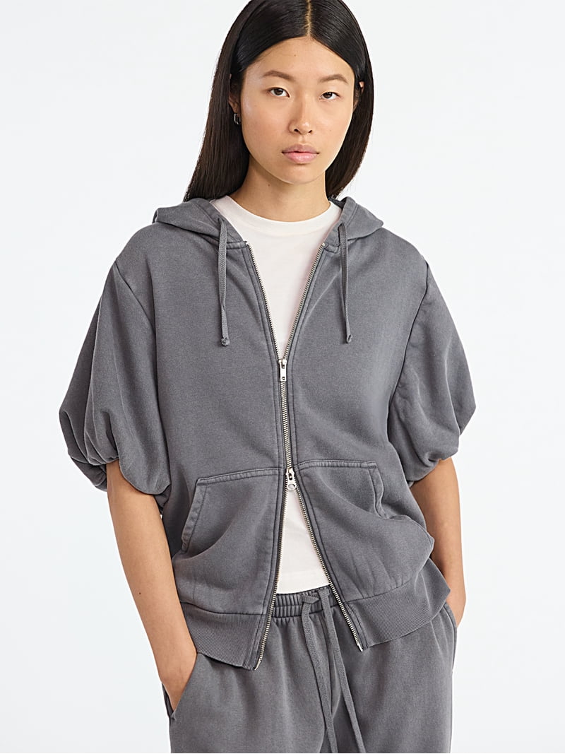 トップス NON TOKYO COLLEGE PUFF SWEAT Scoop Women's Mineral Washed Zip Hoodie with Short Puff Sleeves