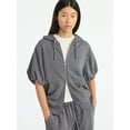 thumbnail image 1 of Scoop Women’s Mineral Washed Zip Hoodie with Short Puff Sleeves, Sizes XS-XXL, 1 of 5