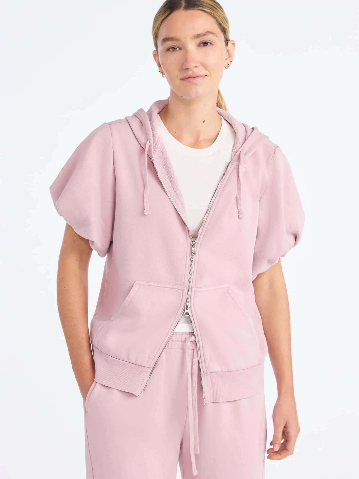 Scoop Women’s Mineral Washed Zip Hoodie with Short Puff Sleeves, Sizes XS-XXL
