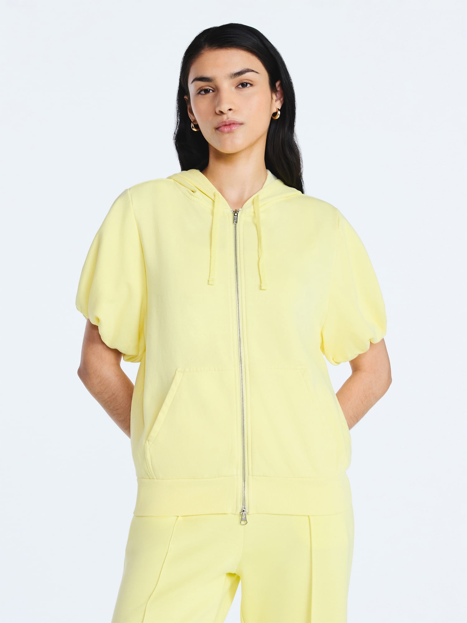 Scoop Women’s Mineral Washed Zip Hoodie with Short Puff Sleeves, Sizes XS-XXL