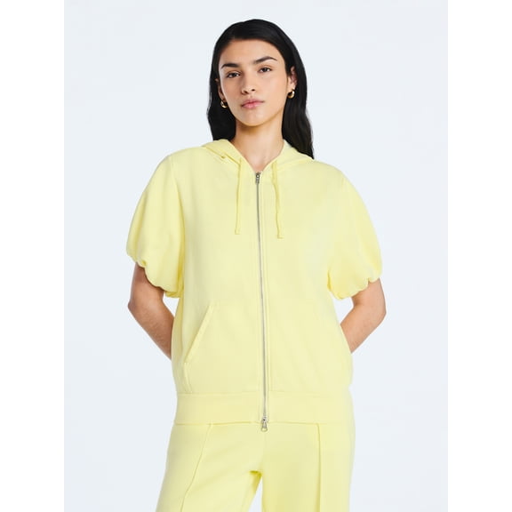 Scoop Women’s Mineral Washed Zip Hoodie with Short Puff Sleeves, Sizes XS-XXL