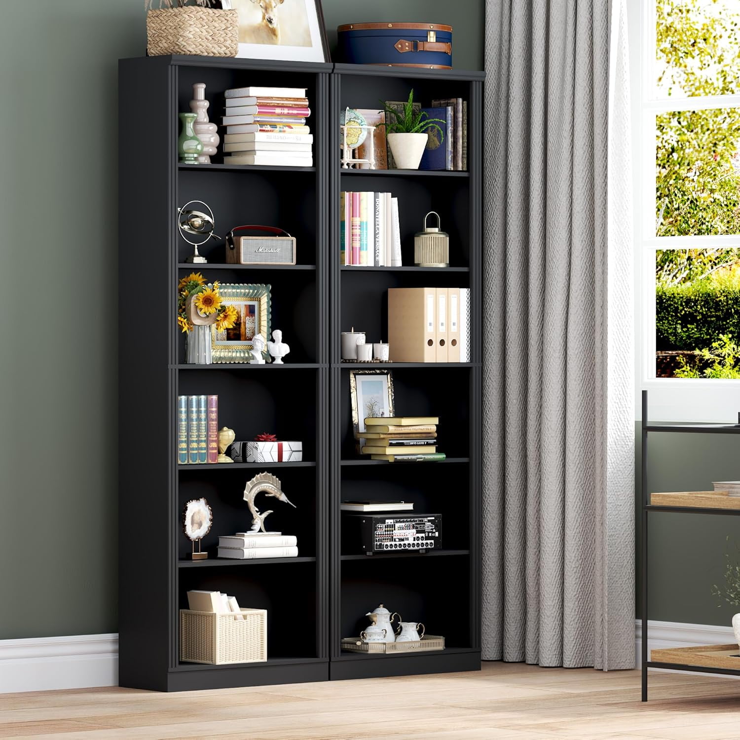 PUFFCAFE 75" Tall Bookcase,24" Wide Wood Book Shelf,6 Tier Display Storage Shelves,Black Bookshelf for Home Office Living Room Bedroom Study,2 Pack