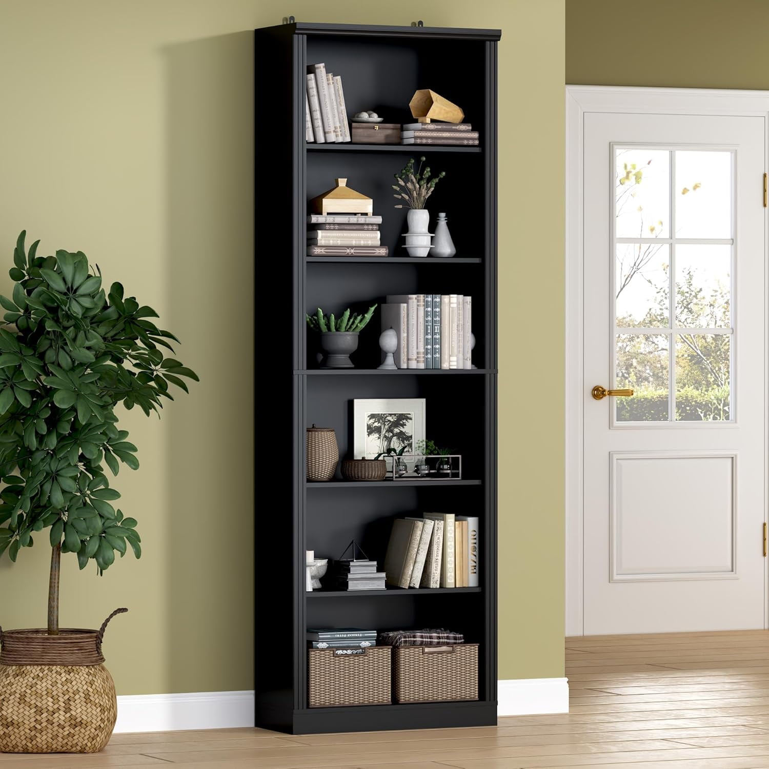 PUFFCAFE 75" Tall Bookcase,24" Wide Wood Book Shelf,6 Tier Display Storage Shelves,Black Bookshelf for Home Office Living Room Bedroom Study