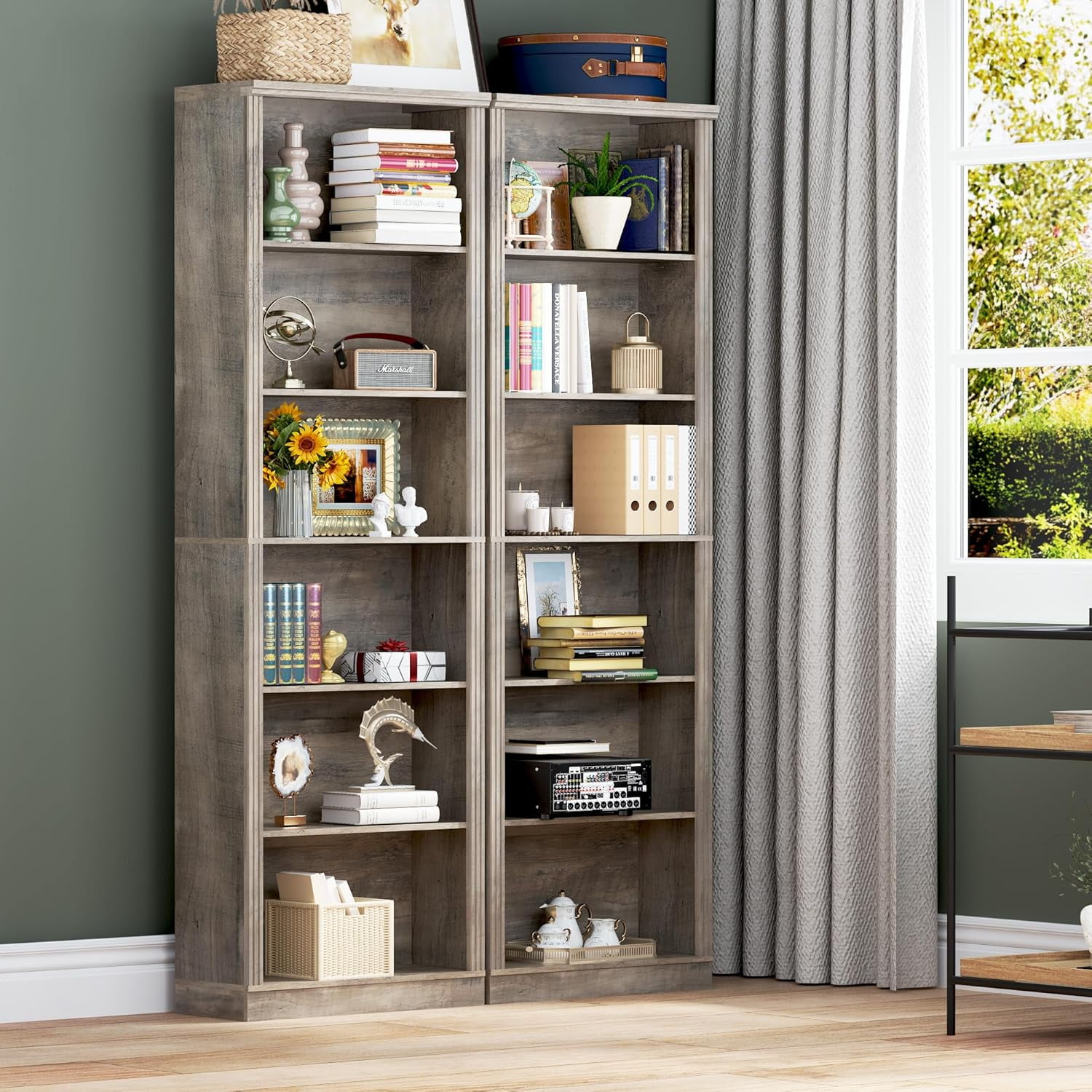 PUFFCAFE 75" Tall Bookcase,24" Wide Wood Book Shelf,6 Tier Display Storage Shelves,Gray Bookshelf for Home Office Living Room Bedroom Study,2 Pack