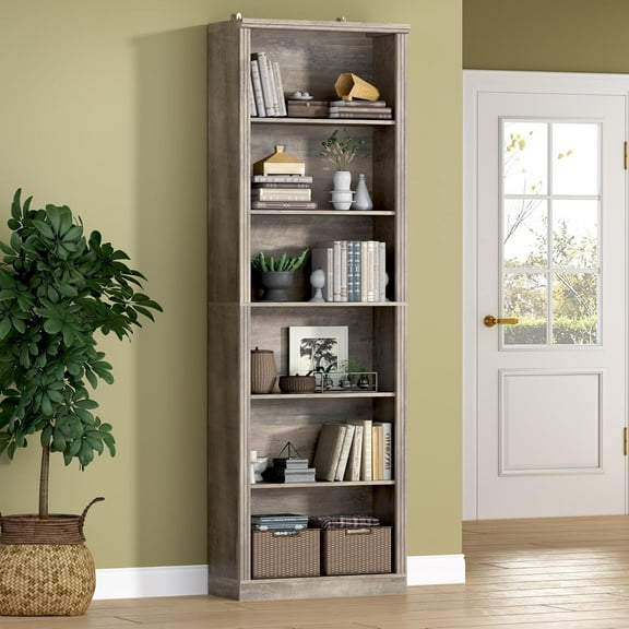 PUFFCAFE 75" Tall Bookcase,24" Wide Wood Book Shelf,6 Tier Display Storage Shelves,Gray Bookshelf for Home Office Living Room Bedroom Study