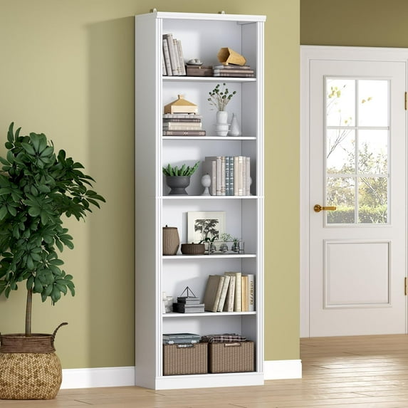 PUFFCAFE 75" Tall Bookcase,24" Wide Wood Book Shelf,6 Tier Display Storage Shelves,White Book Case for Home Office Living Room Bedroom Study