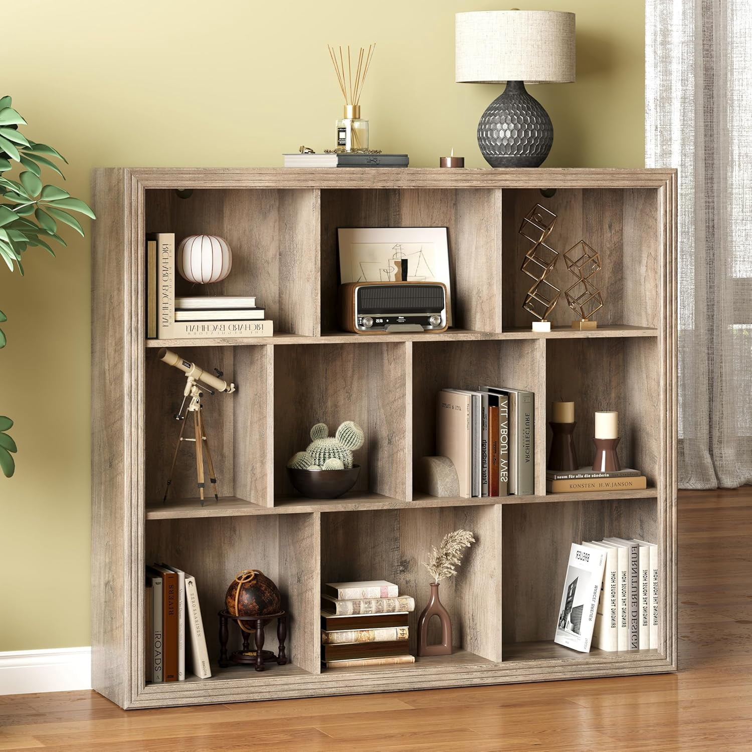 PUFFCAFE Book Shelf with 10-Cube,3 Tier Open Book Cases,Floor Standing 38" Tall bookshelf,Wooden Display Shelves,Gray Bookcase