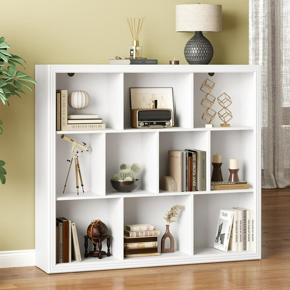 PUFFCAFE Book Shelf with 10-Cube,3 Tier Open Book Cases,Floor Standing 38" Tall bookshelf,Wooden Display Shelves,White Bookcase