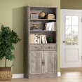 thumbnail image 1 of PUFFCAFE Bookcase with Doors & Drawers,Wood Book Shelf with Storage Cabinet,3 Tier Display Shelves,Metal Handles,Gray Tall Book Case, 1 of 7