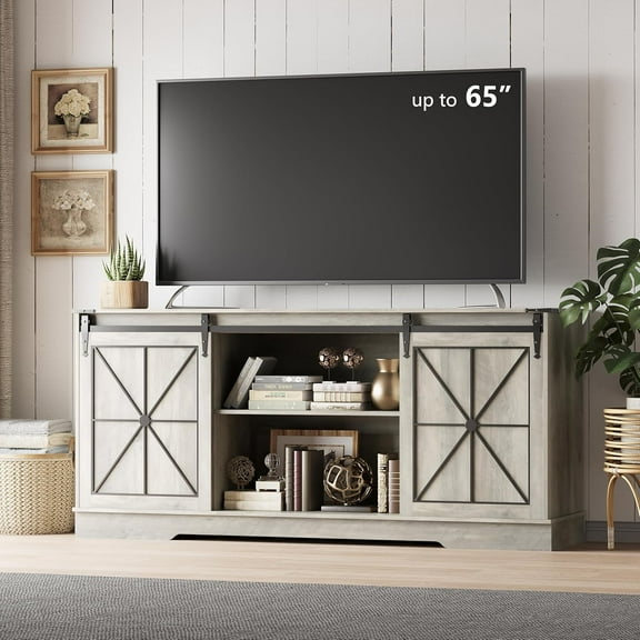 PUFFCAFE Farmhouse TV Stand for 65" 60" 55" Tvs,Entertainment Center with Storage & Sliding Barn Doors,Media TV Console Table,Gray TV Stand for Living Room