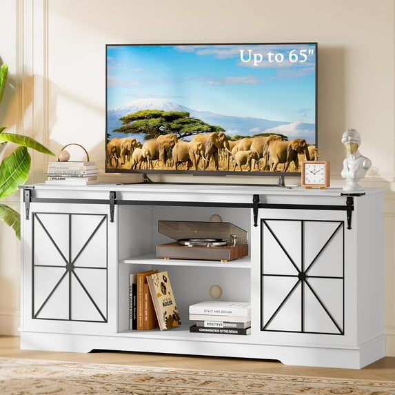 PUFFCAFE Farmhouse TV Stand for 65" 60" 55" Tvs,Entertainment Center with Storage & Sliding Barn Doors,Media TV Console Table,White TV Stand for Living Room