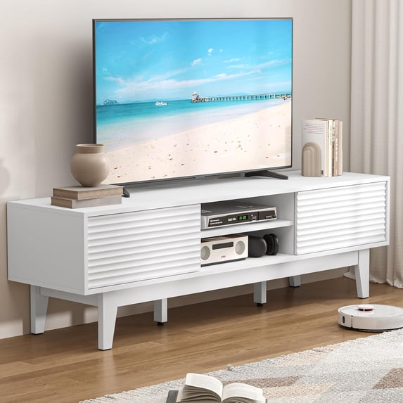 PUFFCAFE Fluted TV Stand for 55 60 65 Inch TV,Mid Century Modern Entertainment Center with with Storage & Sliding Doors,TV Media Console Table with Wood Feet for Living Room,Bedroom,White