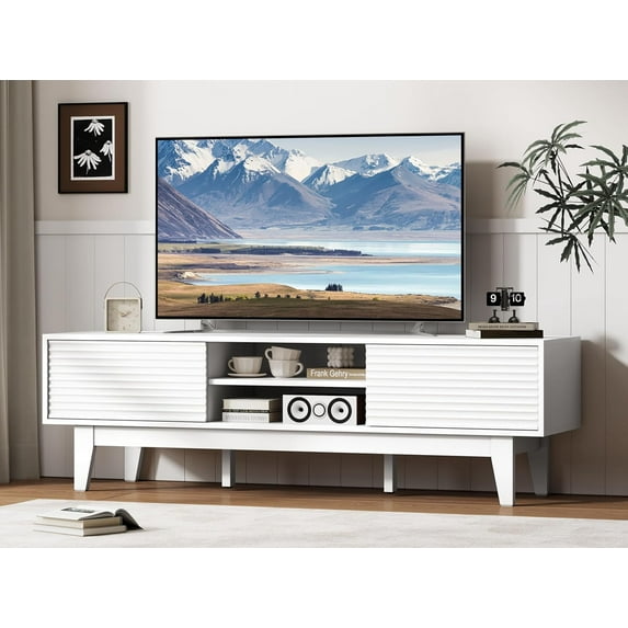 PUFFCAFE Fluted TV Stand for 55 60 65 Inch TV,Mid Century Modern Entertainment Center with with Storage & Sliding Doors,TV Media Console Table with Wood Feet for Living Room,Bedroom,White