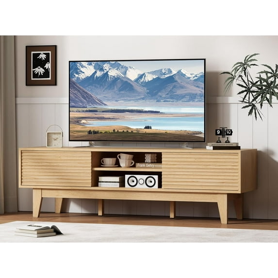 PUFFCAFE Fluted TV Stand for 55 60 65 Inch TV,Mid Century Modern Entertainment Center with with Storage & Sliding Doors,TV Media Console Table with Wood Feet for Living Room,Bedroom,Natural Oak