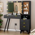 thumbnail image 1 of PUFFCAFE Makeup Vanity Desk with Mirror and Lights,45" Black Fluted Glass Top Makeup Table with Power Outlet& RGB Storage Cabinet,Large Dressing Table, 1 of 8