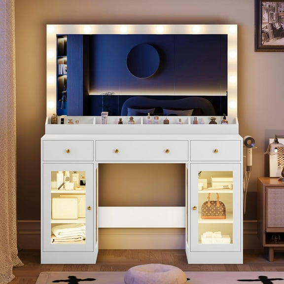 PUFFCAFE Makeup Vanity Desk with Mirror and Lights,47" White Vanity Table with Power Outlet & RGB Glass Cabinet,Large Dressing Table for Women Bedroom