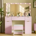 thumbnail image 1 of PUFFCAFE Makeup Vanity Desk with Mirror and Lights,42" Pink Fluted Vanity Table Set with Chair & Power Outlet,Large Dressing Table for Women Bedroom, 1 of 8