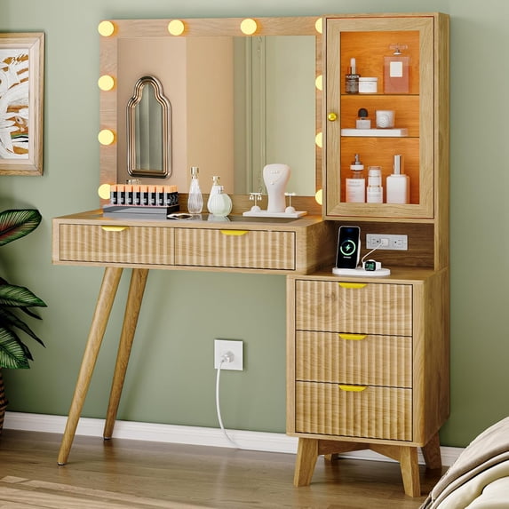 PUFFCAFE Makeup Vanity Desk with Mirror and Lights,45" Oak Fluted Glass Top Makeup Table with Power Outlet& RGB Storage Cabinet,Large Dressing Table