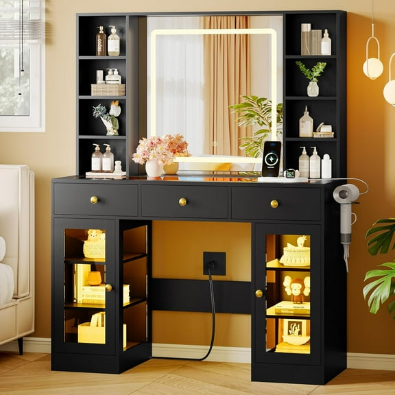 PUFFCAFE Makeup Vanity Desk with Mirror and Lights,Glass Top Vanity Table with RGB Cabinets,Large Dressing Table for Women Bedroom,Black Vanity