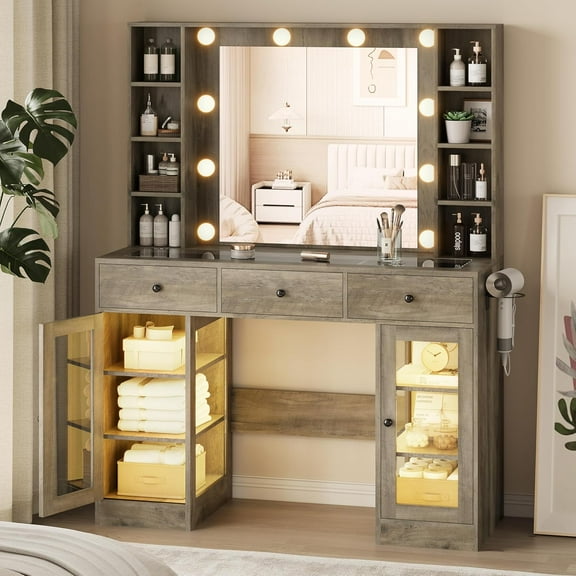 PUFFCAFE Makeup Vanity Desk with Mirror and Lights,Glass Top Vanity Table with RGB Cabinets,Large Dressing Table for Women Bedroom,Gray Vanity