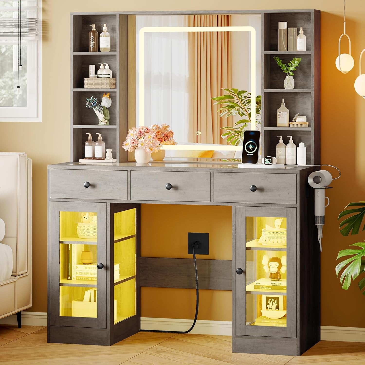 PUFFCAFE Makeup Vanity Desk with Mirror and Lights,Glass Top Vanity — free download