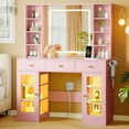 thumbnail image 1 of PUFFCAFE Makeup Vanity Desk with Mirror and Lights,Glass Top Vanity Table with RGB Cabinets,Large Dressing Table for Women Bedroom,Pink Vanity, 1 of 8