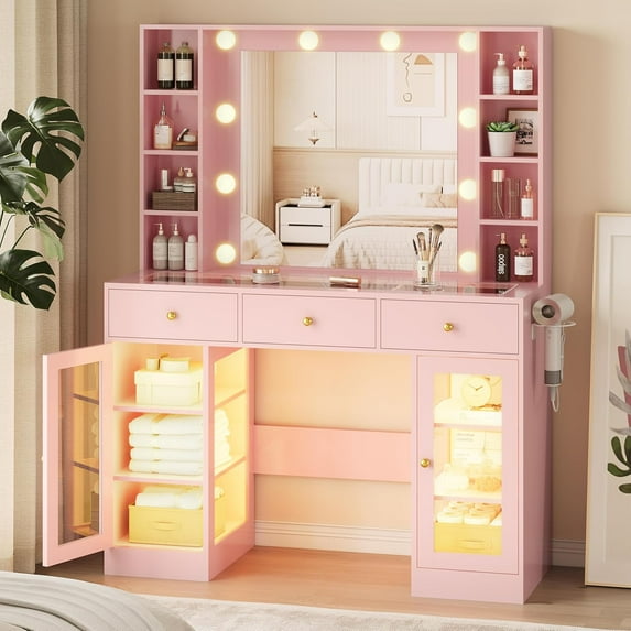 PUFFCAFE Makeup Vanity Desk with Mirror and Lights,Glass Top Vanity Table with RGB Cabinets,Large Dressing Table for Women Bedroom,Pink Vanity