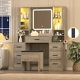 thumbnail image 1 of PUFFCAFE Makeup Vanity Desk with Mirror and Lights,Gray Vanity Table Set with Chair & LED Glass Cabinet,Large Dressing Table for Women, 1 of 8