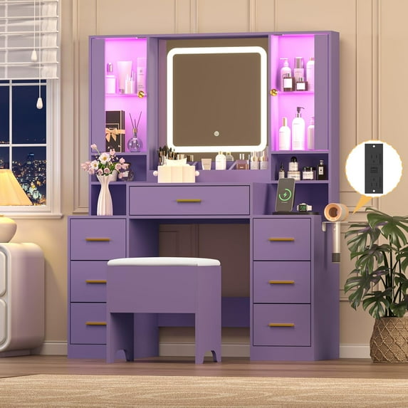 PUFFCAFE Makeup Vanity Desk with Mirror and Lights,Purple Vanity Table Set with Chair & LED Glass Cabinet,Large Dressing Table for Women