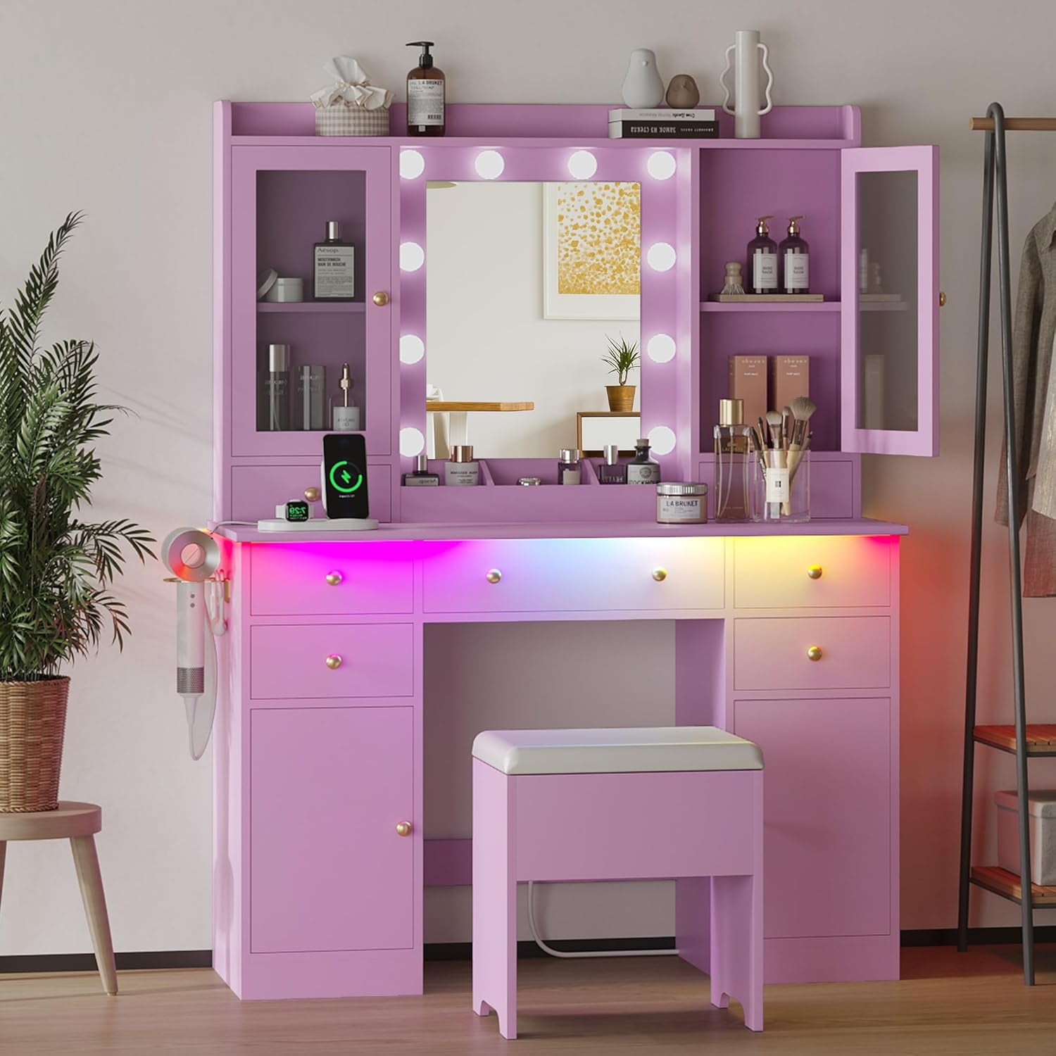 open lace back dress Wooden Kids Vanity Set Makeup Dressing Table w/ 2-Color LED Lighted Mi –  Babyjoy main image 1