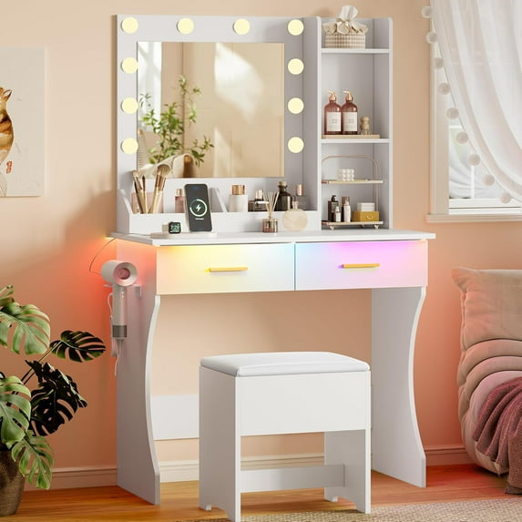 PUFFCAFE Vanity Desk with Mirror and LED Lights,Small Makeup Vanity Table with Drawers & Chair & Power Outlet & Hair Dryer Rack,White Dressing Table for Bedroom