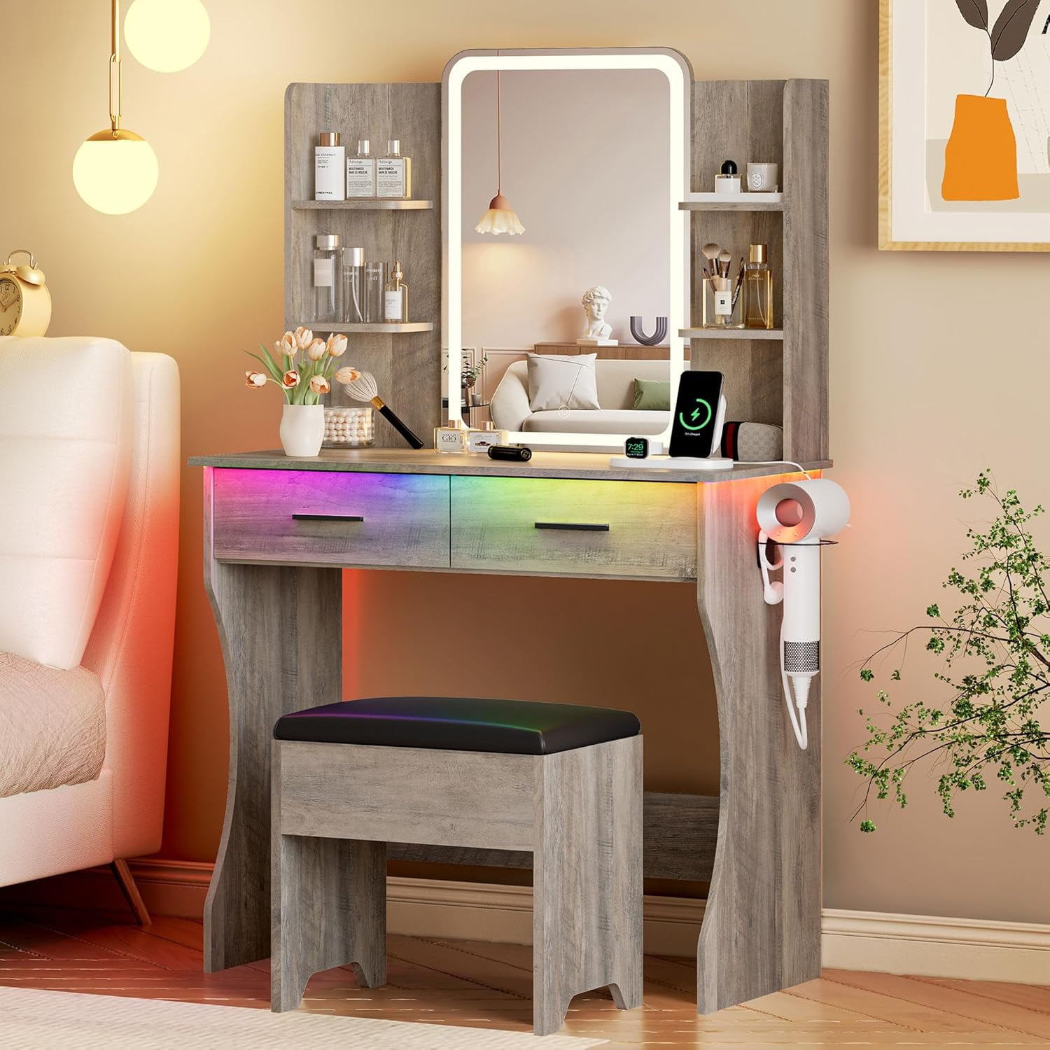 PUFFCAFE Vanity Desk with Mirror and LED Lights,Small Makeup Vanity Table with Storage Drawers & Chair & Power Outlet,Bedroom Gray Vanity Set